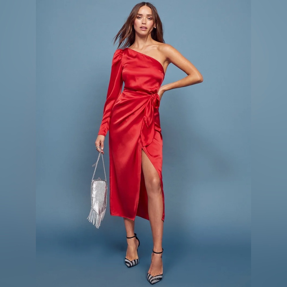 Reformation Justine Silk Dress One Shoulder in Red Cherry 10